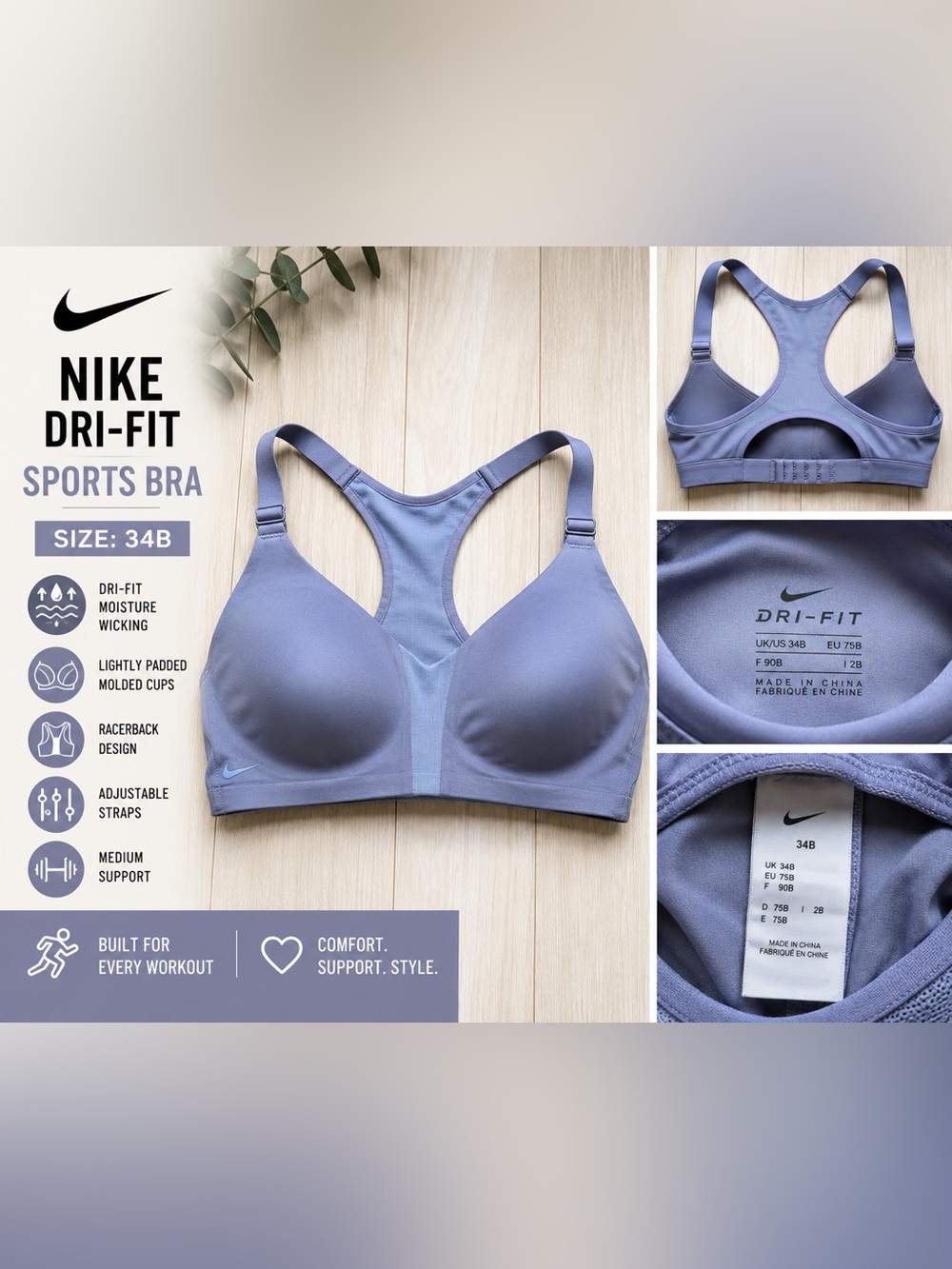 Nike Dri-FIT Sports Bra 34B Gray Racerback Lightly Padded Medium Support Workout
